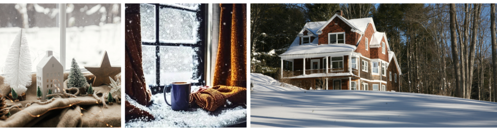 A Christmas still life featuring tree lights, a small house, and a wooden star on a cozy blanket placed on a windowsill.

A cozy winter scene with hot chocolate and blankets near a snow-covered window.

A snow-covered house exterior after a winter storm, with a note about the importance of tune-ups and professional inspections for your home.