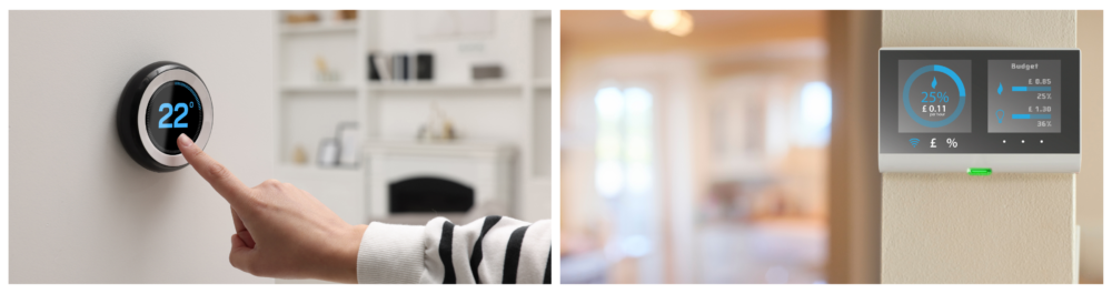 A close-up of a woman using a smart thermostat indoors, paired with a wall-mounted smart meter displaying current energy costs, emphasizing modern home automation and efficiency.