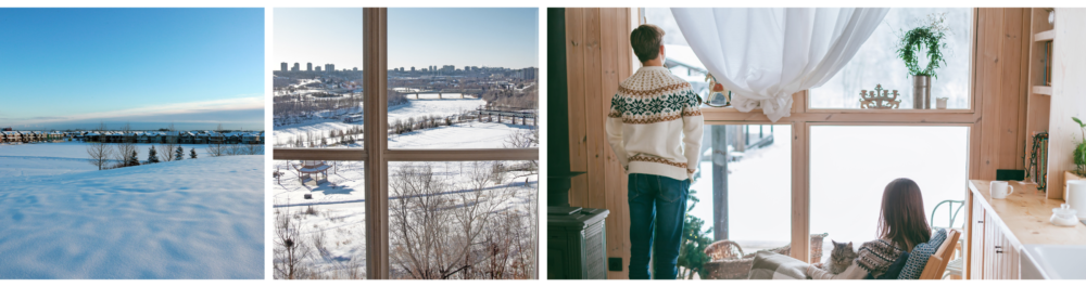 A serene winter landscape in Edmonton, Alberta, features a blanket of white snow covering the ground. 

View through an old wooden window, a vertical view reveals the river valley, with high-rises in the background and snow-covered triangular conservatories in the foreground. 

Inside their living room, a young couple bundled in thick sweaters gazes out at the picturesque winter scene.