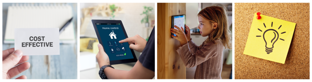 A male hand holds a card reading "Cost Effective," highlighting how a smart thermostat enhances comfort, boosts energy efficiency, and lowers utility bills.

Hands holding a smart tablet with a home automation app appear against the blurred backdrop of a cozy living room, showcasing seamless smart home integration.

A young girl checks a smart thermostat, reflecting the efficiency and sustainability of modern home heating technology.

A sticky note with a hand-drawn lightbulb symbolizes the smart thermostat's added benefits, such as maintenance scheduling reminders.