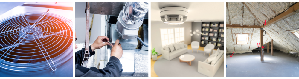 Clean around outdoor HVAC units, with a focus on the metal air conditioning vent and ventilation fan in the background.

Inspecting ductwork for leaks, with a ventilation cleaning specialist repairing the HVAC system.

Smoke detector mounted on the ceiling of a house.

Roof insulation in the attic featuring modern foam materials.