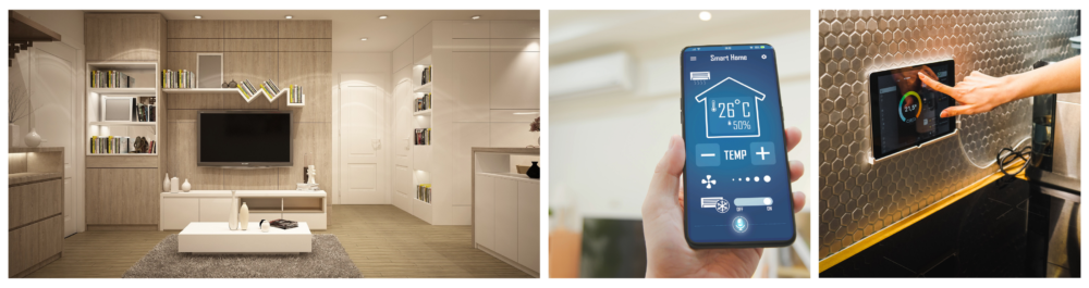 A modern living room embodying the concept of home comforts, optimized for peak performance and efficiency.

Close-up of a woman using a smart home app to adjust the home's temperature. A sleek, wall-mounted smart home control screen with a contemporary, seamless design.