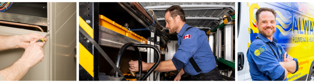 A repair technician removes the furnace service panel, emphasizing the importance of regular tune-ups from Always Plumbing & Heating to extend the life of your furnace and ensure warm air flows consistently— a foolproof way to maintain home comfort year-round.

An Always Plumbing & Heating technician prepares for a job by gathering tools from the work vehicle, followed by a shot of the technician standing outside the vehicle, smiling after successfully completing a service.