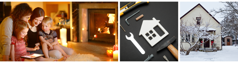 Family gathered by the fireplace in winter, with a reminder to show your HVAC system some love during the holiday season.

Aerial shot of HVAC tools and a house model, emphasizing the importance of scheduling a furnace tune-up before winter to ensure optimal performance.

Suburban home covered in snow after a snowfall.