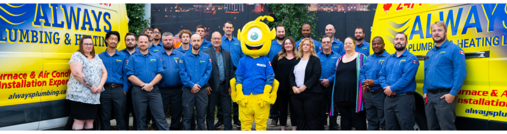 A wide shot captures the Always Plumbing & Heating team standing in uniform beside their work vehicles, with the brand mascot at the center. Since 1998, customers in Edmonton and the surrounding area have trusted Always Plumbing & Heating to deliver 5-Star Superstar Service.