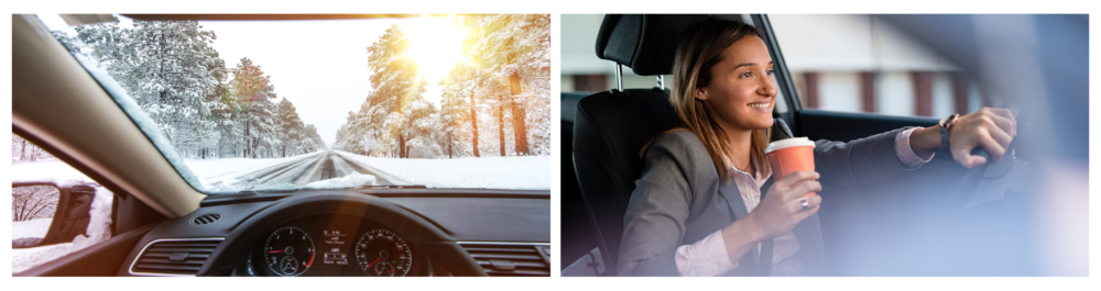 Sunny skies over a winter road in Alberta, with icy conditions ahead. The scene is viewed from inside a car that feels warm and comfortable.

A young and energetic businesswoman drives to work in the morning, holding a takeaway coffee.